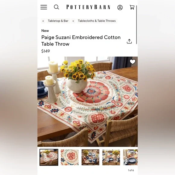 Pottery Barn Embroidered Table Throw 50X50
